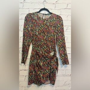 Zara Artsy long sleeves high neck Retro Printed Crossed Tie Waist Dress Size XS